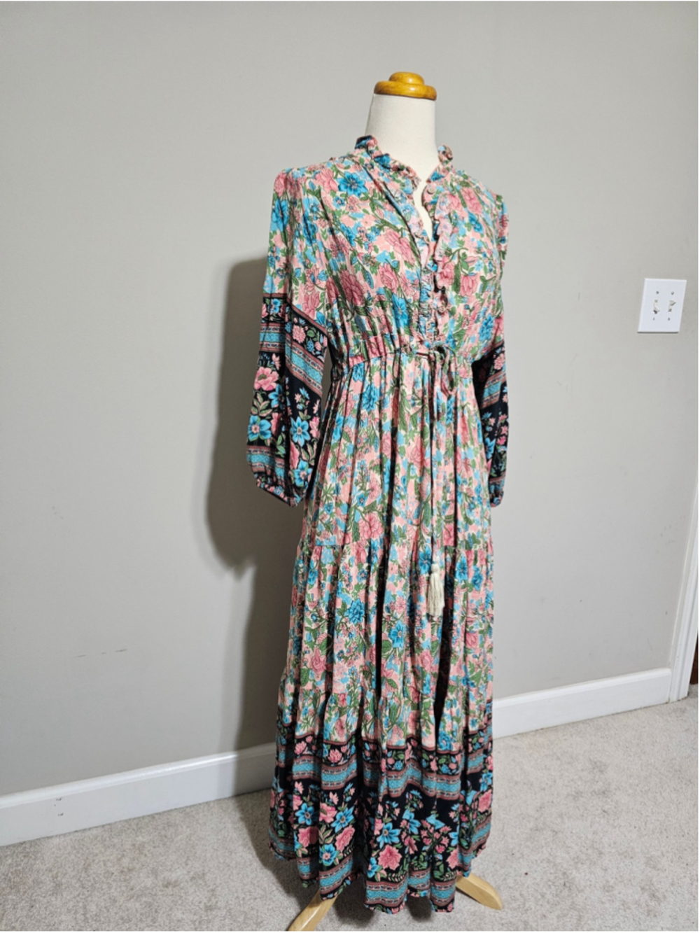 Three Bird Nest Boho Floral Maxi Dress Size L Pink Blue Tiered - Picture 3 of 8